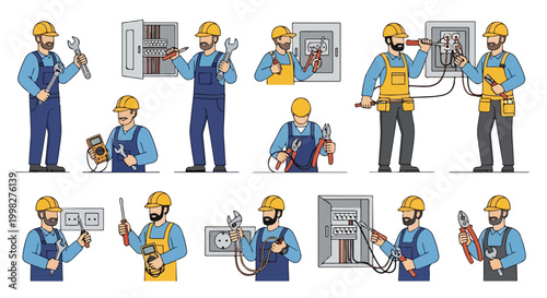 Professional electrician character set, maintenance worker with tools and electrical panels, handyman repairman collection in flat vector style