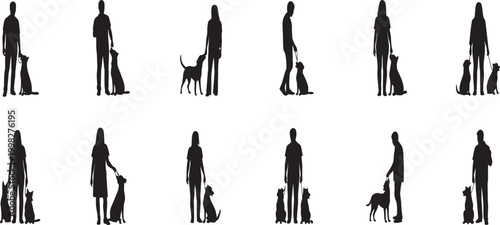 Silhouettes of families with children and pets a collection of black and white figures