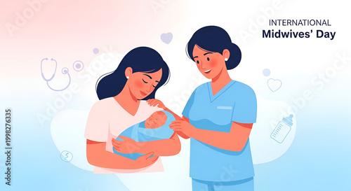 International Midwives' Day illustration of midwife supporting mother with newborn baby