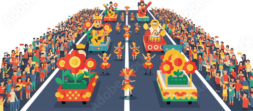 Vibrant parade floats move down a crowded street with onlookers