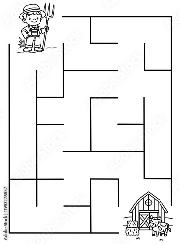 Maze activity sheet for children. Cute maze for kids. Kids labyrinth puzzle. Maze puzzle game for children with cute farmer illustration.