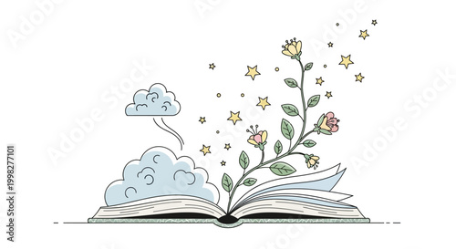 Open Book with Flowers and Cloud.