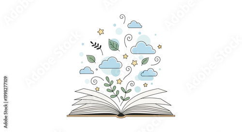 Open Book with Clouds and Leaves.