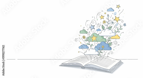 Open Book with Colorful Imagination Emerging.