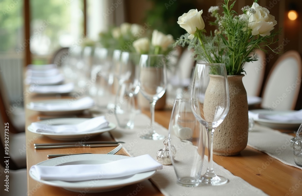 Fototapeta premium Long table setting with white plates and napkins ready for dinner. Wine glasses and flower centerpiece on wooden table. Elegant event setting for celebration or wedding meal.