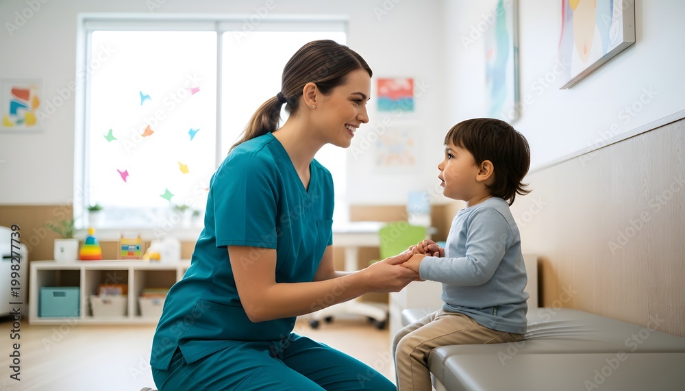 Obraz premium A smiling woman with child in a medical clinic for Nurses Day concept, showing empathy and pediatric care during a health checkup in a bright professional environment
