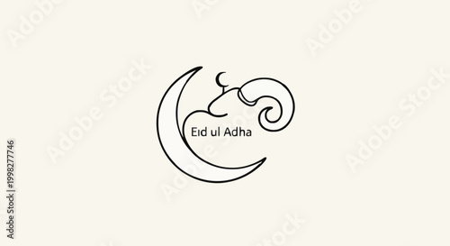 Elegant minimalist line art design for Eid ul Adha celebration, featuring a stylized ram's horn and crescent moon, perfect for greeting cards and festive banners