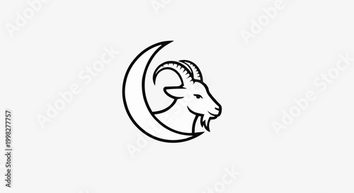 Minimalist celestial goat icon representing strength and tranquility, a unique blend of nature's power and lunar mystique in a sleek line art design