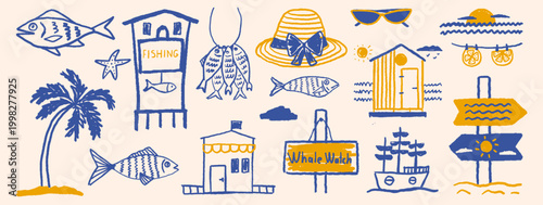 Collection of hand drawn doodle nautical elements with fish, palm tree, beach hut, ship, hat and wooden signs in minimal blue and yellow sketch style