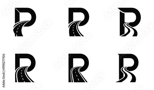 Black and white letter p with various road integrated within