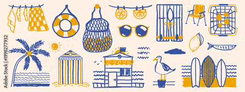 Collection of hand drawn doodle nautical elements with surfboard, gull, lemons, life jacket and string bag with citrus fruits in minimal blue and yellow sketch style
