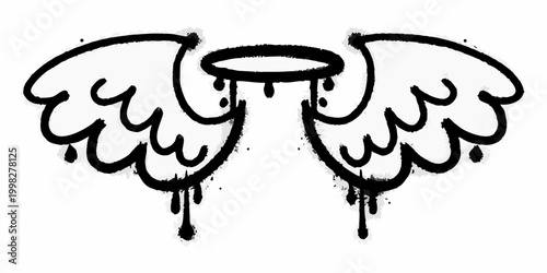 Grunge angel wings with halo black ink spray silhouette