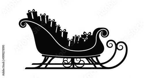 Black silhouette of a festive Christmas sleigh filled with gifts on white background, holiday decoration, seasonal symbol