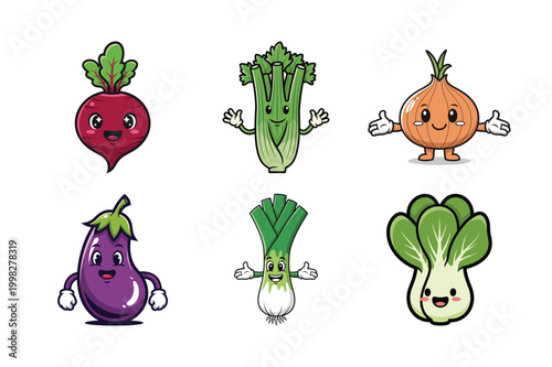 Cute cartoon vegetables with expressive faces including beetroot celery onion eggplant leek and bok choy