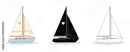 Three sailboats with different colored sails including white pink and black on water sailing