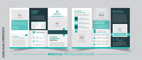 Minimalist medical healthcare trifold brochure template with teal grid patterns and professional service layout.