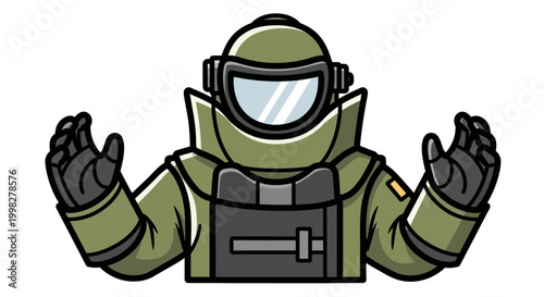 Cartoon character in green spacesuit gesturing.