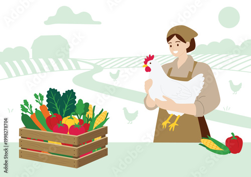 Happy female farmer holding a white chicken with a crate of fresh organic vegetables