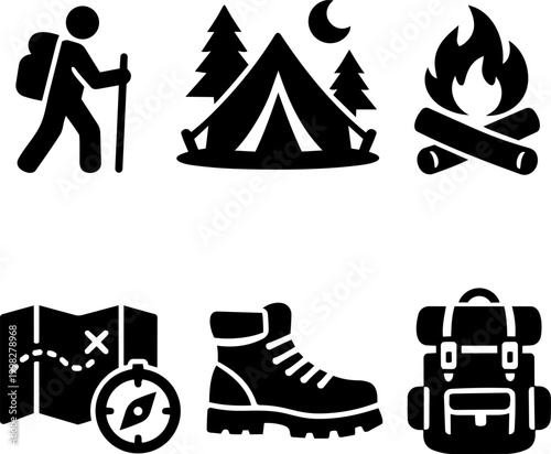 Vector icon camping hiking outdoor set. Vector