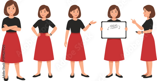 Business Woman Character Set with Different Poses and Actions Including Holding Idea Whiteboard Standing and Gesturing for Corporate Presentations Office Professional Marketing Designs