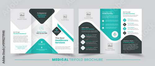 Professional medical trifold brochure design with abstract geometric shapes and teal color palette for healthcare services.