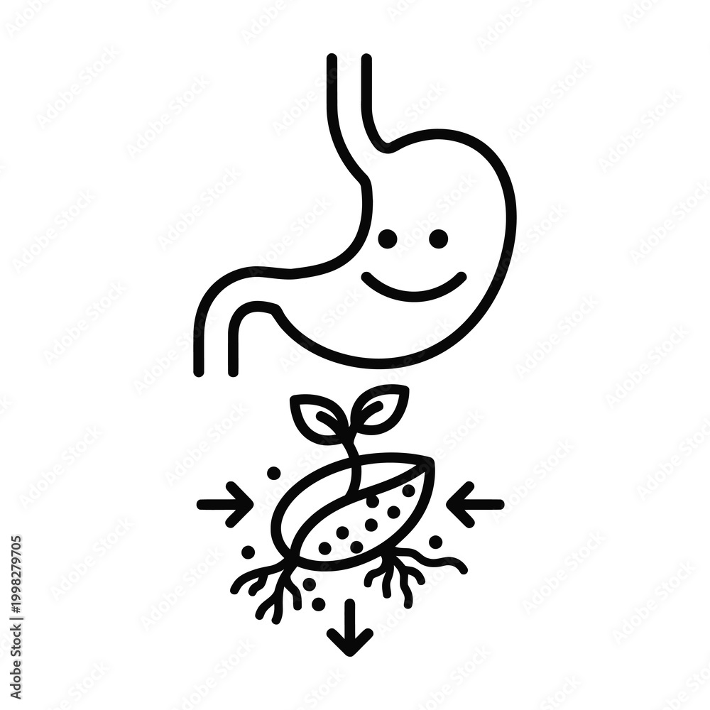 Obraz premium Stomach with happy face digesting food and growing plant