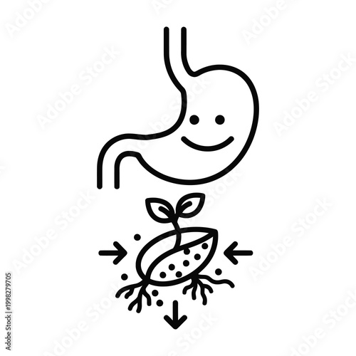 Stomach with happy face digesting food and growing plant