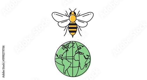 Bee flying over green earth globe.