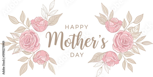 Elegant floral Mother's Day greeting with delicate pink roses and botanical foliage, perfect for celebrating maternal love and appreciation in a heartfelt design