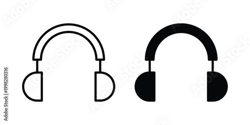 Headphones icon strokes and flat black vectors. Illustrations EPS10