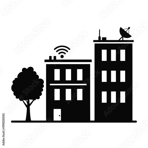 Modern urban buildings connected by wireless signal and satellite communication.
