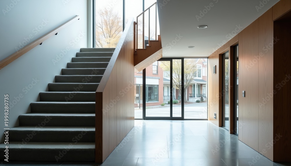 Obraz premium Modern staircase with wooden accents and grey carpet leads up. Floor to ceiling windows reveal outside street view. Building interior hallway with minimalist design and natural light.