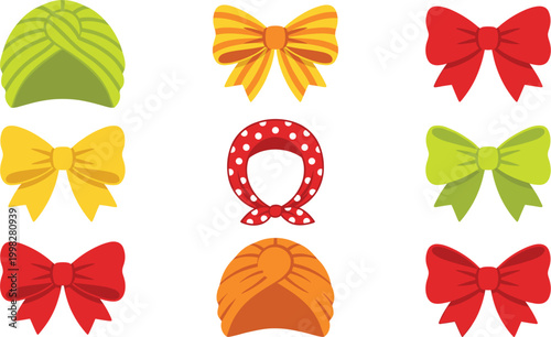 Fashion Accessory Vector Set Featuring Colorful Hair Bows, Polka Dot Headband, and Stylish Turbans for Women's Apparel Design, Beauty Branding, and Girly Decorative Elements
