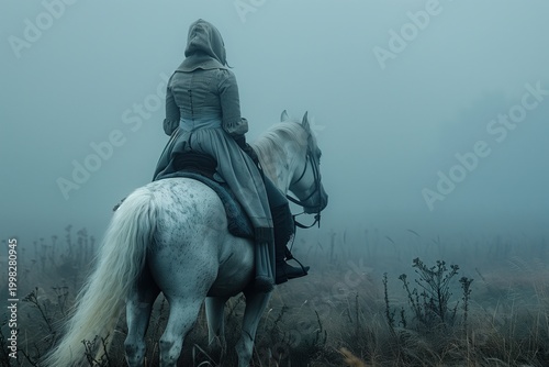 Woman riding horse in foggy landscape with moody atmosphere. AI-generated.
