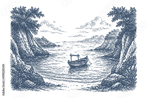 Scenic hidden bay with a small fishing boat anchored between lush cliffs, detailed vintage engraving style vector illustration for nautical themes.