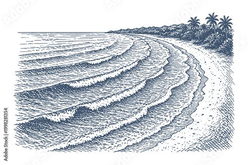 Beautiful tropical beach landscape with rhythmic ocean waves and distant palm trees, elegant vintage woodcut style vector illustration for travel.
