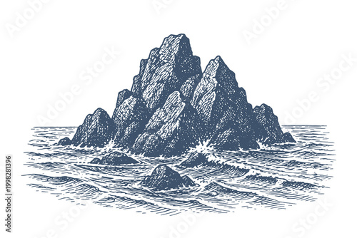 Dramatic jagged rock formation rising from the ocean with splashing waves, a high-quality vintage engraving style vector illustration for nature design.