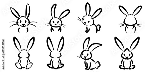 Running Rabbit Line Art Set – Jumping Bunny Poses, Hare Motion Outline Vector Illustration Collection