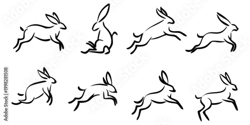 Running Rabbit Line Art Set – Jumping Bunny Poses, Hare Motion Outline Vector Illustration Collection