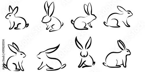 Running Rabbit Line Art Set – Jumping Bunny Poses, Hare Motion Outline Vector Illustration Collection