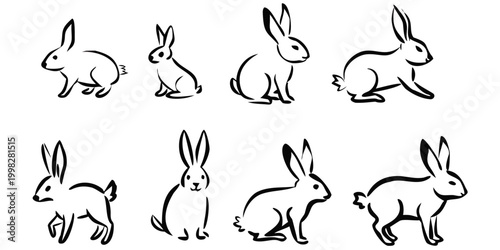 Running Rabbit Line Art Set – Jumping Bunny Poses, Hare Motion Outline Vector Illustration Collection