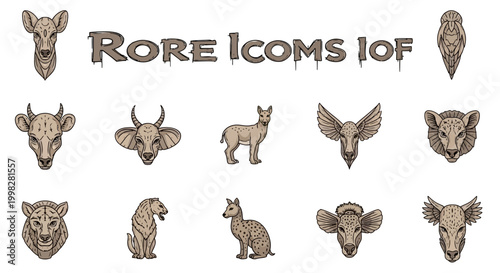 Collection of Various Animal Heads Closeup.