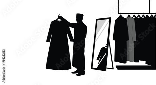 Man in black silhouette trying on clothes in dressing room with mirror and wardrobe, getting ready for fashion event or formal occasion