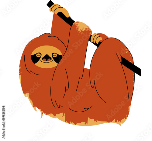 Smiling cartoon sloth hanging upside down on a black branch featuring warm orange and brown flat colors.