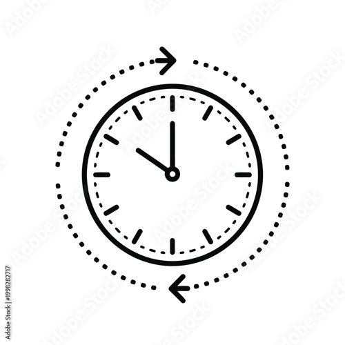 Analog clock with circular arrows indicating continuous time flow and cycle