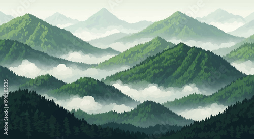 Misty Green Mountain Range Landscape