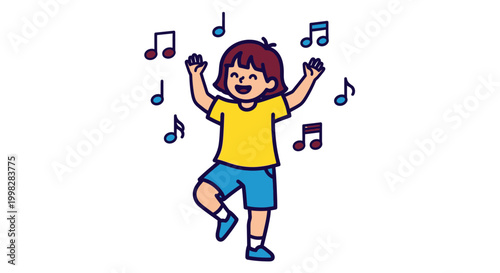Happy little girl dancing with music.