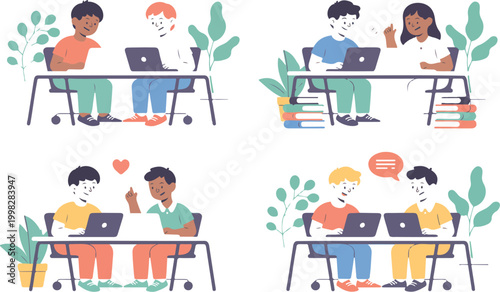 Students studying together online using laptops sharing notes cloud tools simple flat vector illustration set