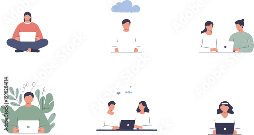 Users accessing files remotely with cloud network connections simple character style flat vector illustration set