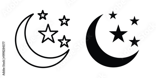 Moon stars icon strokes and flat black vectors. Illustrations EPS10